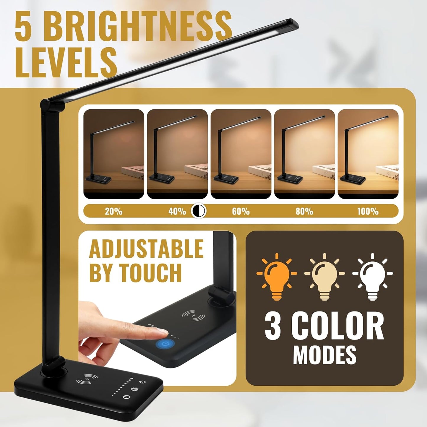 LED Desk Lamp with Wireless Charger – Touch Control Dorm Desk Lamp with USB Charging Station, 3 Color Modes & 5 Brightness Levels, Ideal for Home, Office, Bedroom, Study Area, & College Dorm, Black