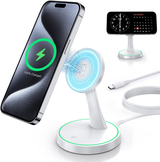 Magnetic Wireless Charger Stand 15W Fast Mag-Safe Charger for iPhone 16/16 Pro/16 Plus/16 Pro Max/15/14/13/12 Series Magnet Wireless Charging Station/Pad with Sleep-Friendly Light for AirPods