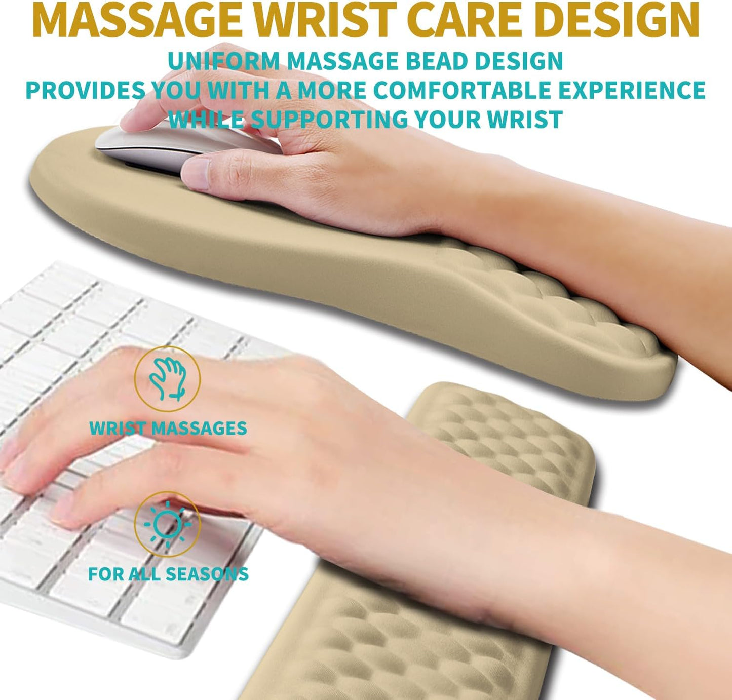 Hokafenle 2 in 1 Ergonomic Mouse Pad Wrist Support & Wrist Rest for Computer Keyboard Set, with Relieve Carpal Tunnel Pain Massage Bulge and Full Memory Gel Design (2In1 Set, Beige)