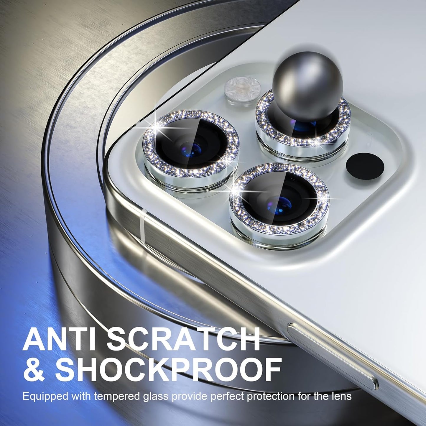 Choiche Compatible for iPhone 15 Pro/iPhone 15 Pro Max Camera Lens Protector Bling, 9H Tempered Glass Camera Cover Screen Protector Metal Ring Decoration Accessories (Glitter-Silver)