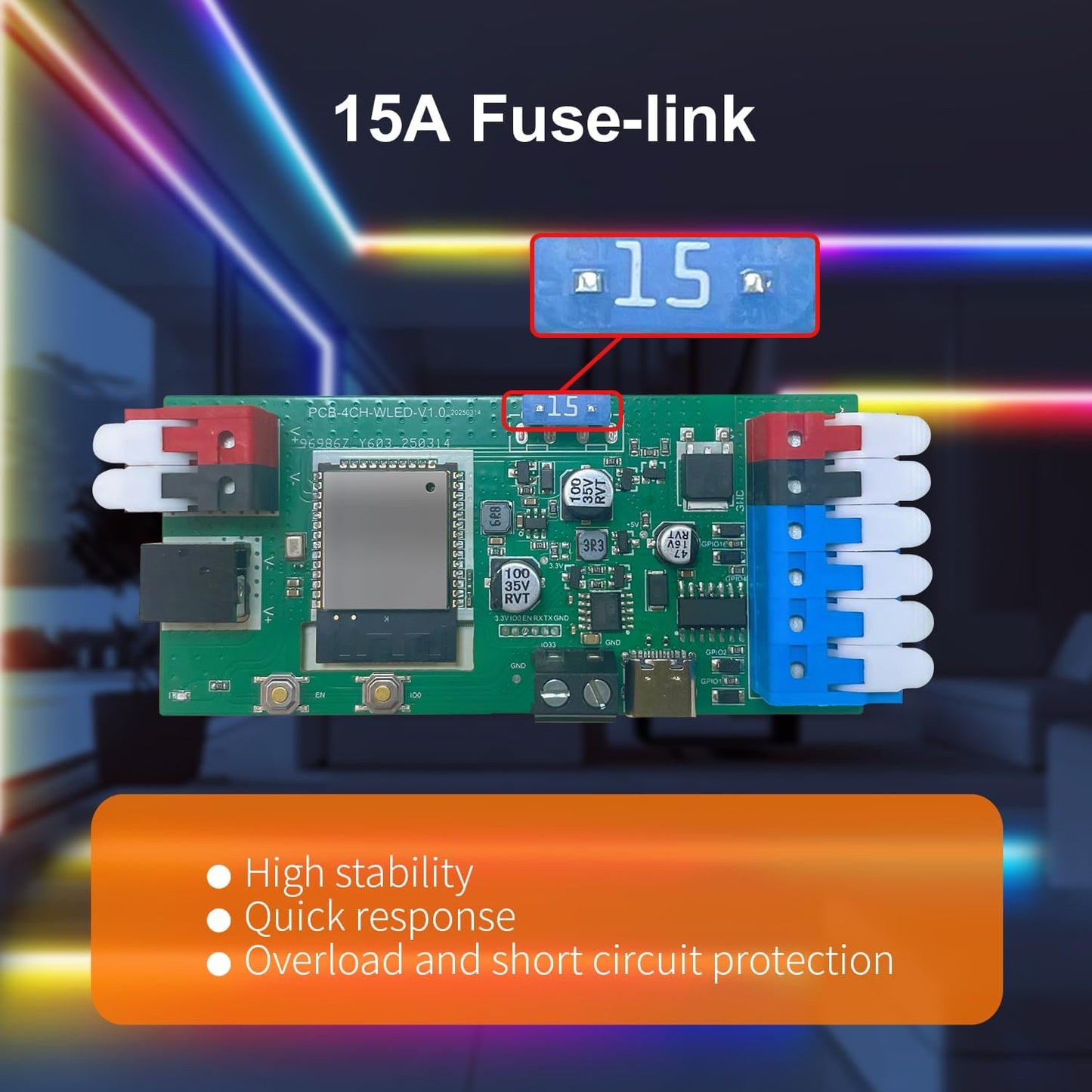 ESP32 WLED LED Strip Light Controller 4 Channel Output 15A Fuse Link Level Shifter UART Download DIY Dynamic Lighting Mode APP Voice Control for Digital WS2811 WS2812 WS2815 SK6812 RGB IC String
