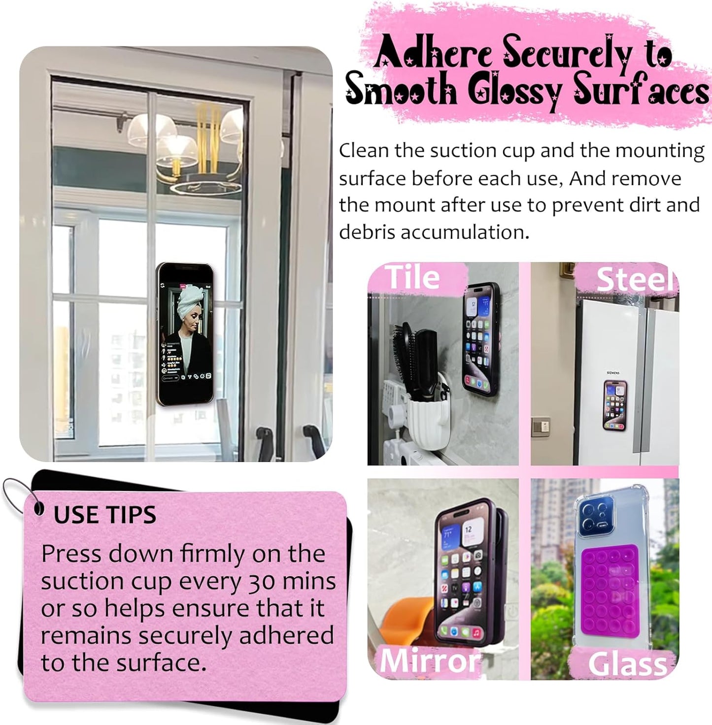 Silicone Suction Phone Case Mount, Silicon Adhesive Phone Accessory for Smartphones, Hands-Free Mirror Shower Phone Holder for Selfies, Tiktok Videos (Light Pink)