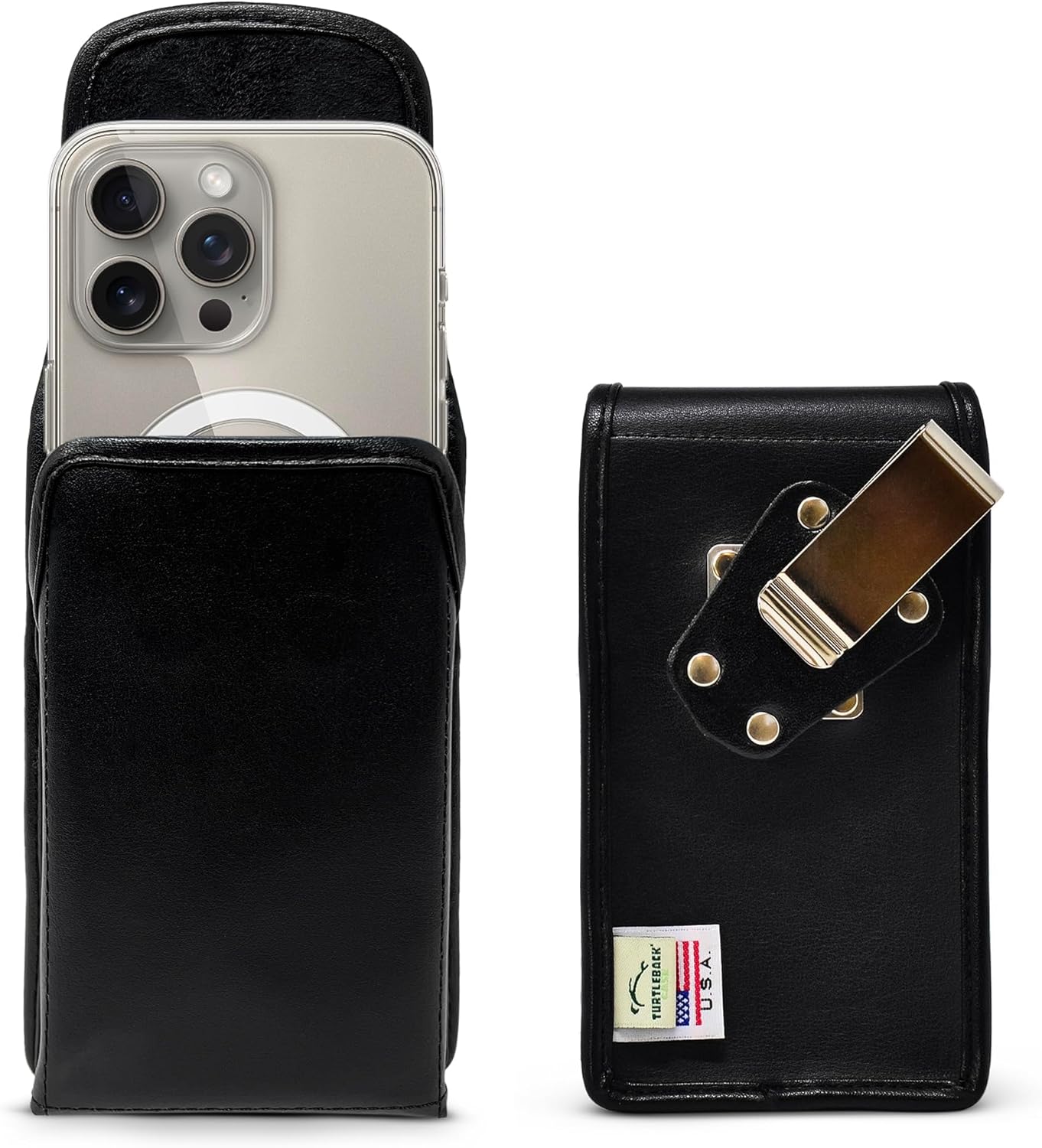 Turtleback Belt Clip for iPhone 16 Pro, 16e, 15 pro 14 Pro 13 Pro -Small- Fits w/Slim MagSafe Style Cases - Premium Black Leather, Vertical Belt Holder, Magnetic Closure, HD Rotating Belt Clip