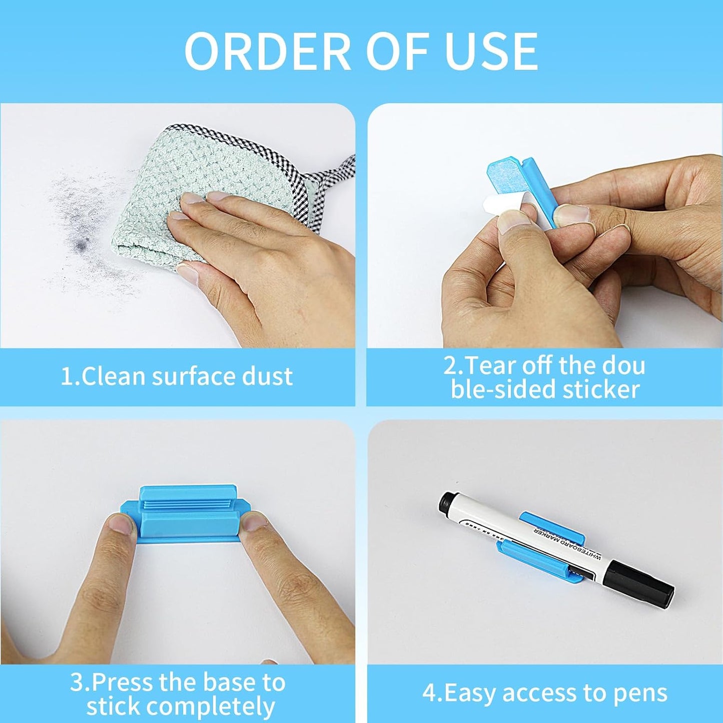 12 Pack Pen Holder for Desk, Silicone Pencil Holder with 12 Extra Adhesive Stickers, Adhesive Pen Holder & Marker Clip for Classroom Office Desk or Any Surface, Teacher Accessories Supplies (Blue)