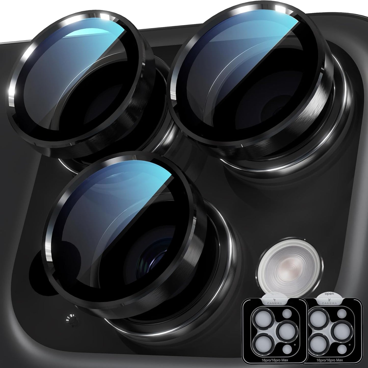 YWXTW Camera Lens Protector for iPhone 16 Pro/iPhone 16 Pro Max, [1 Step Installation Tray] Tempered Glass Screen Protector Metal Individual Camera Cover Accessories (Black Titanium-2Pack)