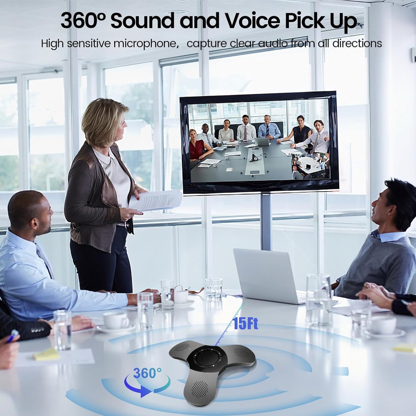 Conference Speaker with Microphone 360°Voice Pickup USB-C Speakerphone Home Office Compatible Skype/Teams/Zoom Noise Cancelling Omnidirectional Meeting Room Bluetooth Speaker with Mic for 10 People