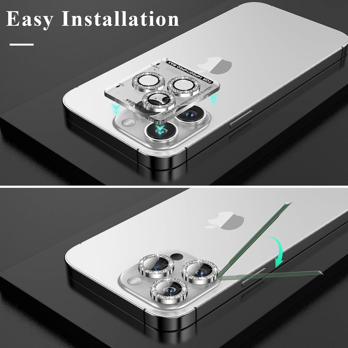 YWXTW Designed for iPhone 14 Pro/iPhone 14 Pro Max Camera Lens Protector Bling, [New Glitter Design] Individual Metal Tempered Glass Camera Cover Accessories Case Friendly, 1 Set (Silver Glitter)