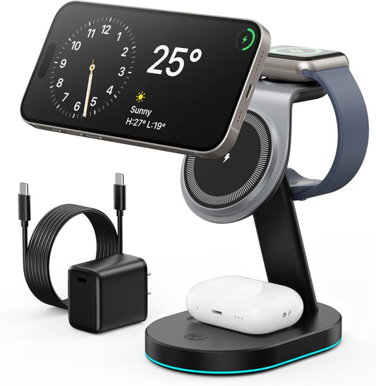 3 in 1 Wireless Charger Charging Station for iPhone,Qi2 Certified 15W Magnetic Charging Stand for Mag-Safe with 30W USB C Adapter&Friendly Night Light for iPhone 16/15/14/13/12,Apple Watch,AirPods