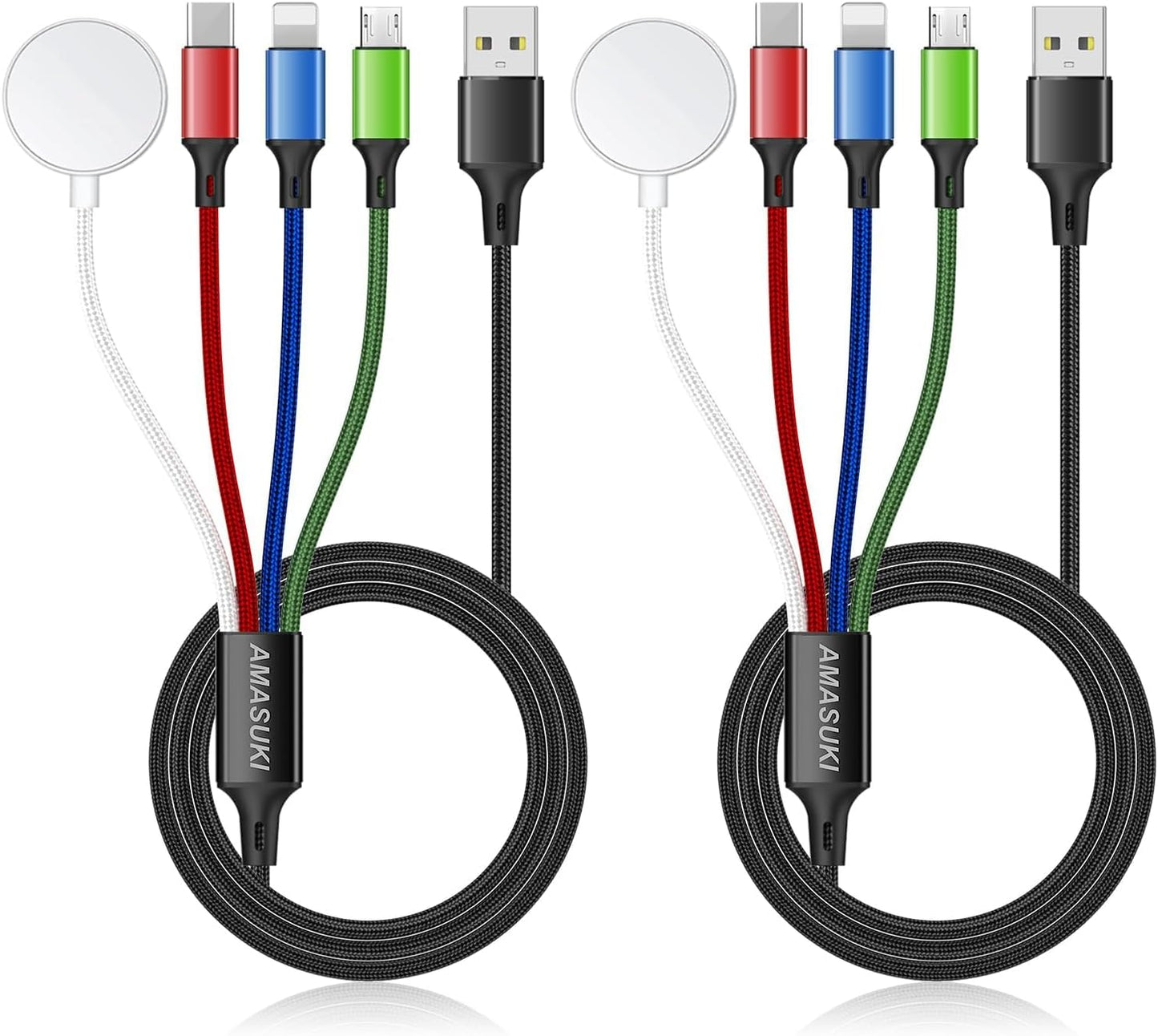 2Pack Multi Charging Cable for Apple Watch Charger 4 in 1 Travel Essentials Camping Essentials USB C/L/Micro Port Compatible with iWatch Series 10-1/iPhone 16/15/Galaxy Android-4FT