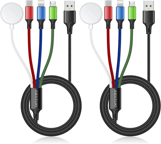 2Pack Multi Charging Cable for Apple Watch Charger 4 in 1 Travel Essentials Camping Essentials USB C/L/Micro Port Compatible with iWatch Series 10-1/iPhone 16/15/Galaxy Android-4FT