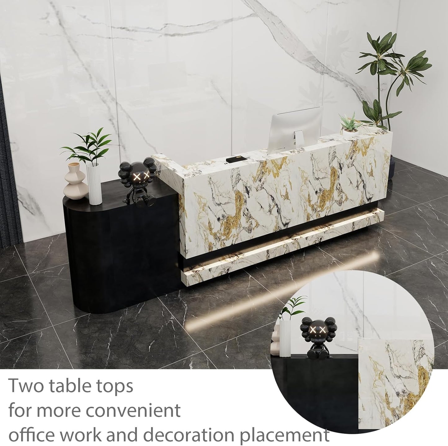 Front Desk Reception Counter - Lockable Storage & Keyboard Tray | Reception Desk with Counter, Customizable Large Counter Table (Grey+White, 112'')