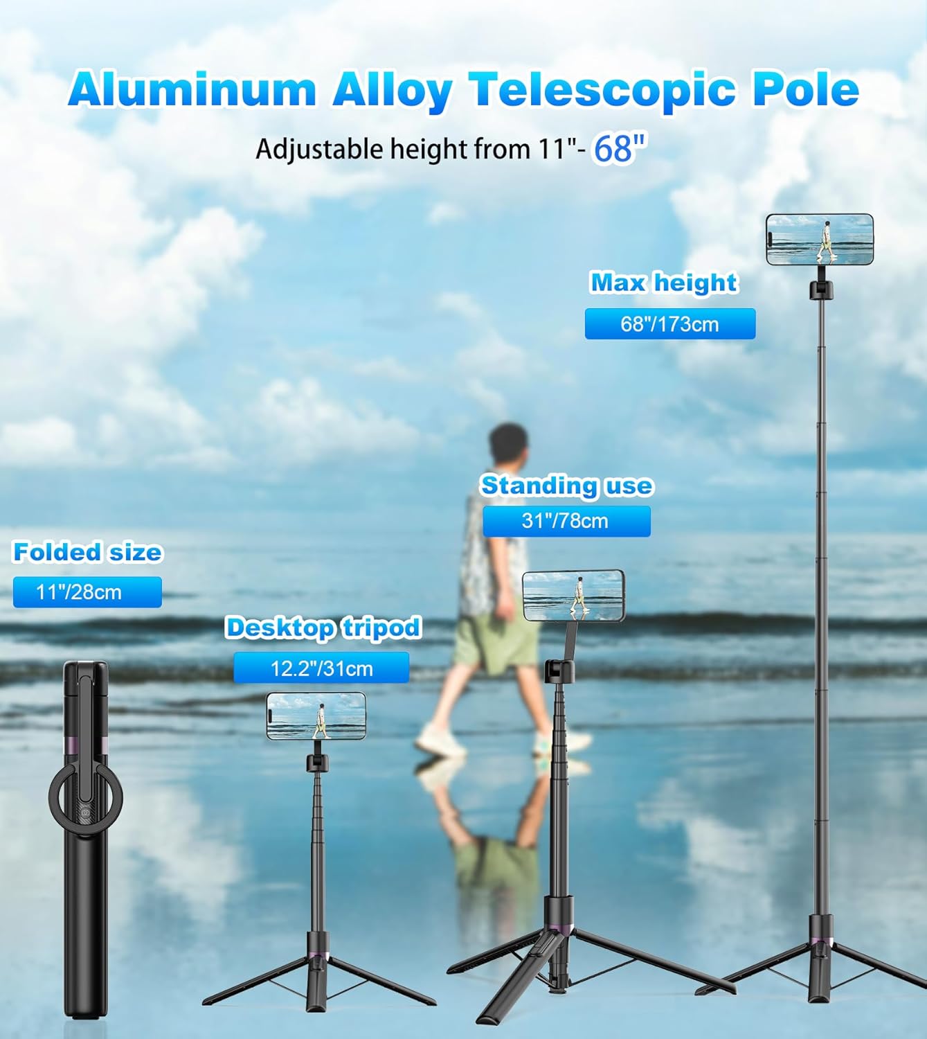 68" Magnetic Selfie Stick Tripod with Rechargeable Detachable Remote for Magsafe, Portable Small Extendable Phone Stand Tripods with Metal Ring, 360° Rotation for Vlog/Live Stream/Travel/Black