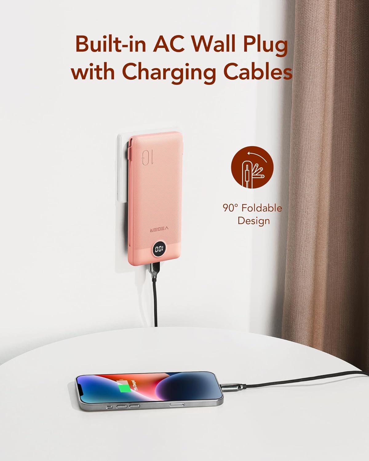 VEGER Portable Charger for iPhone Built in Cables and Wall Plug, 10000mah Slim Fast Charging USB C Power Bank, Travel Essential Battery Pack Compatible with iPhones, iPad, Samsung More Devices(Pink)