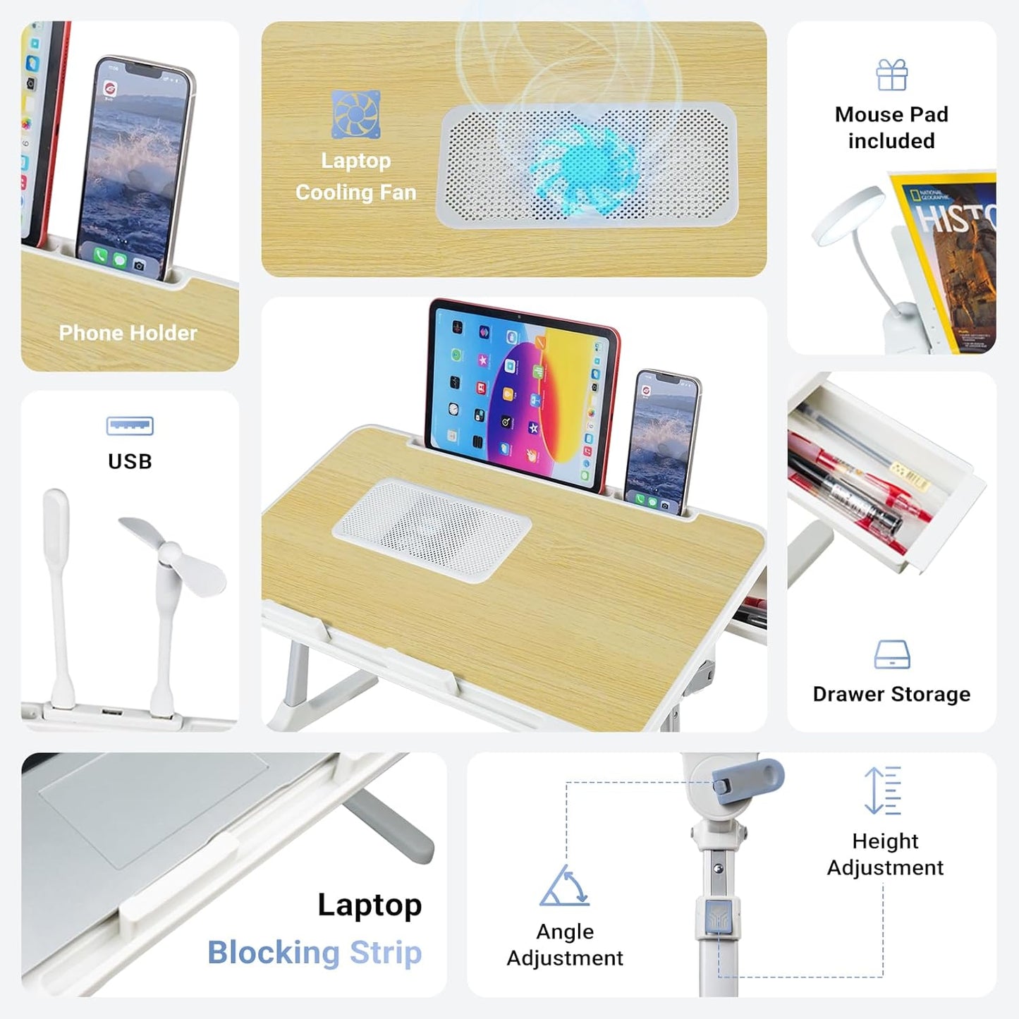 Laptop Lap Desk Include Cooling Fan,Adjustable Lap Desk with Light Fan,Folding Laptop Desk for Bed with USB,Bed Desk with Storage Drawer 56x32cm,White Oak