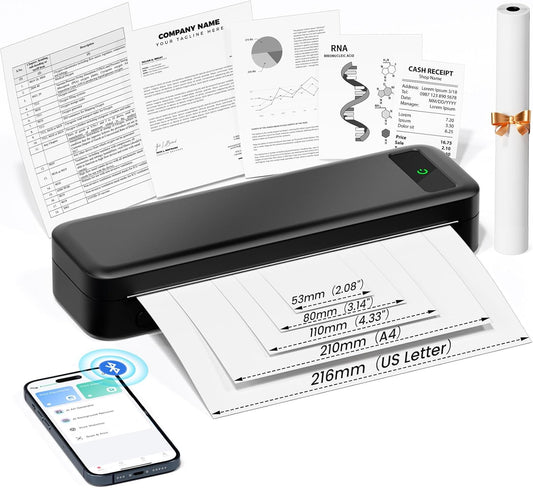 Portable Printers Wireless for Travel, Inkless Thermal Printer, Small Bluetooth Mobile Compact Printer Support 8.5" X 11" US Letter & A4,Compatible with iPhone Phone Laptop for Home Car Office Receipt