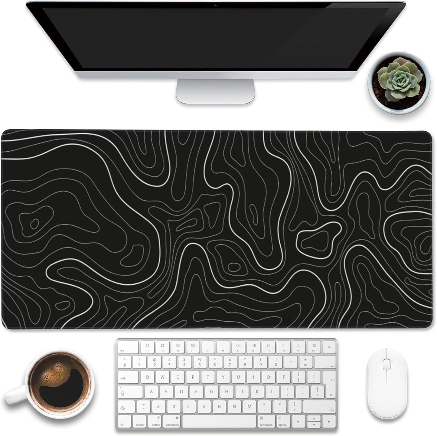 Desk Mat,Black Topographic Contour Map Desk Pad,Topographic Contour Large Gaming Mouse Pad for Desk,Extended Big Computer Keyboard Mouse Pad with Non-Slip Base and Stitched Edge,35.4"x15.7"