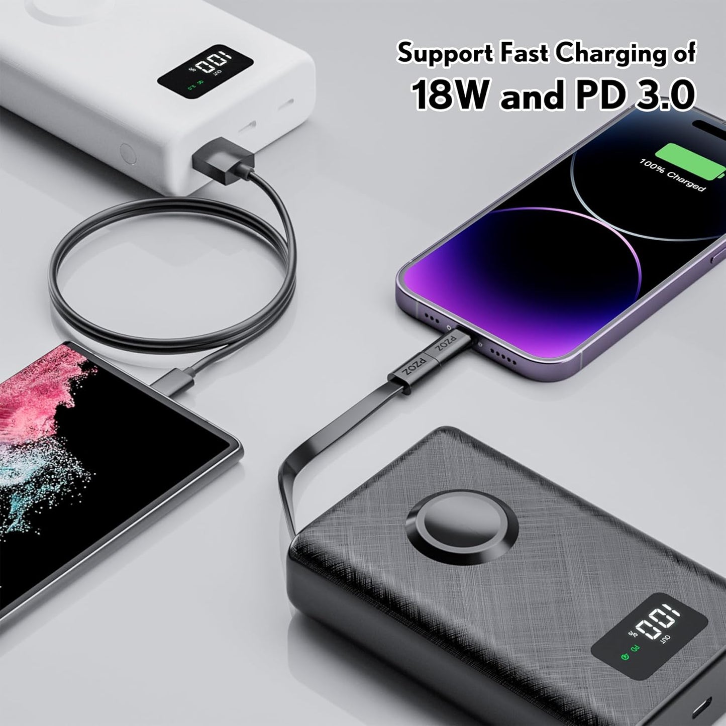 pzoz 20000mAh Portable Power Bank Powerbank Battery Pack with Apple Watch Magnetic Wireless Charger,USB Type C PD Fast Charging Cable Travel High Capacity Compatible iWatch iPhone 16 15 Phone (White)