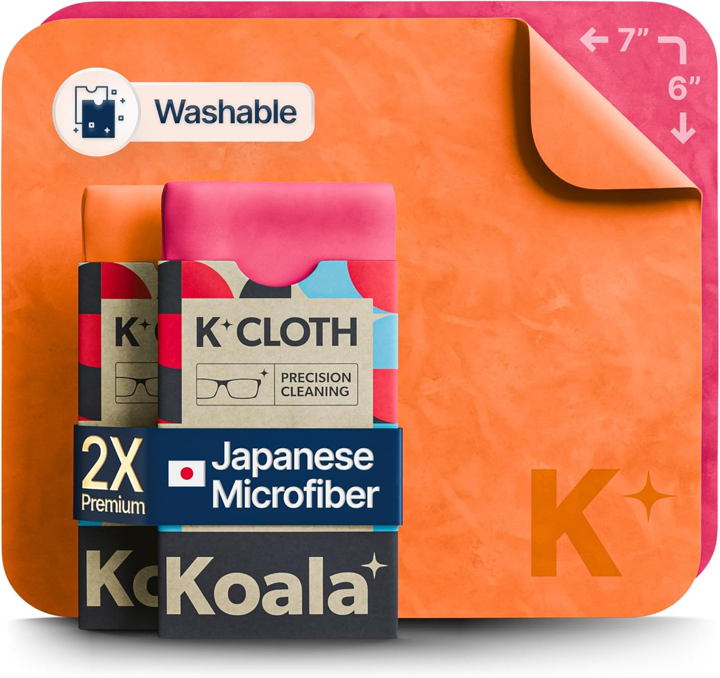 Koala Lens Cleaning Cloth | Japanese Microfiber | Glasses Cleaning Cloths | Eyeglass Lens Cleaner | Eyeglasses, Camera, VR/AR Headset, and Screen Cleaner | Pink & Orange (Pack of 2)