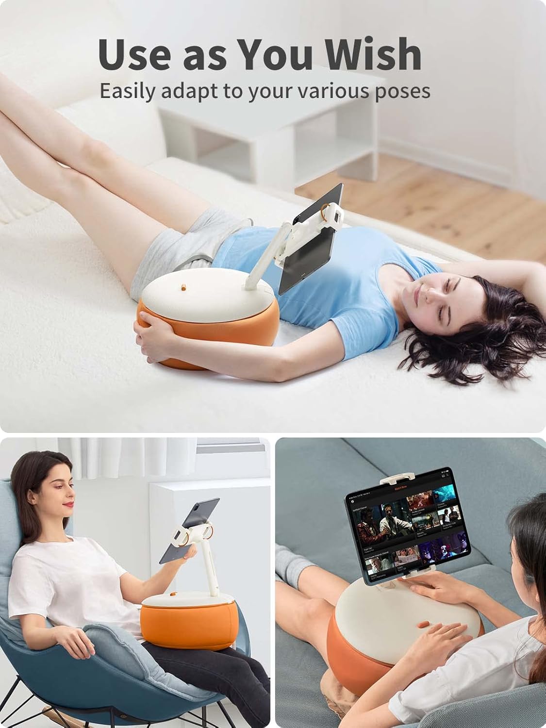 SAIJI Tablet Holder Pillow, Kindle Holder Compatible with 4.7-15.6” Kindle, Tablet, Phone, Portable Monitor, 360° Adjustable Tablet Stand for Bed with Flexible Dual Axis Arm & Microbead Cushion-Orange