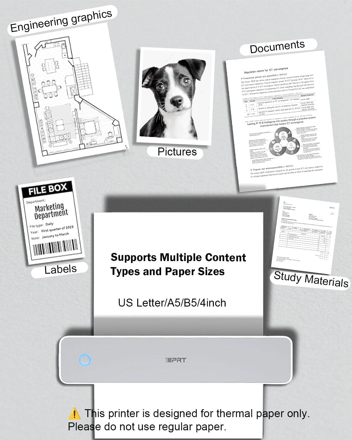 Inkless Portable Printer for Travel, 300DPI Wireless Thermal Printer Support 8.5" x 11" US Letter, A4, MT610Pro Small Bluetooth Printers Compatible with iOS, Android Laptop for Home Office Car, Grey