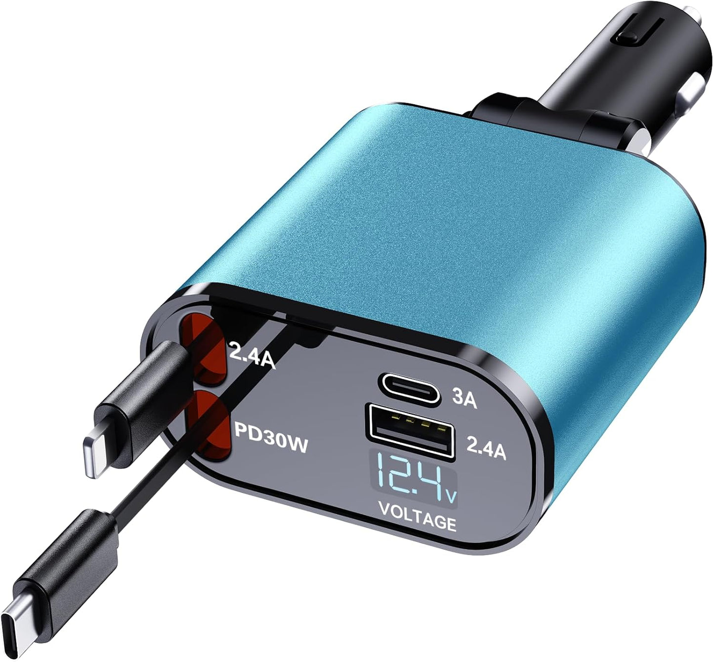 Retractable Car Phone Charger, 4 in 1 Fast Charge Car Phone Charger with 2 Retractable Cables(2.6ft) and 2 USB Ports, Compatible with iPhone15/14/15 Pro Max,Samsung (Light Blue)