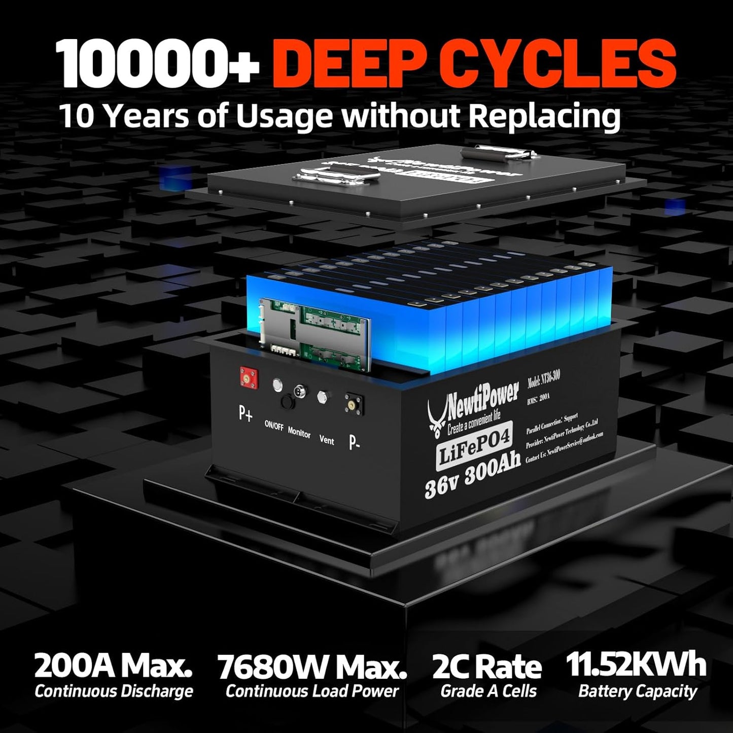 36V 300Ah Golf Cart Lithium LiFePO4 Battery with Charger and 200A BMS Grade A Cells Deep Cycle Rechargeable Battery,10000+ Cycles,Perfect for Golf Cart,Off Grid Applications (36V 300Ah-GC)