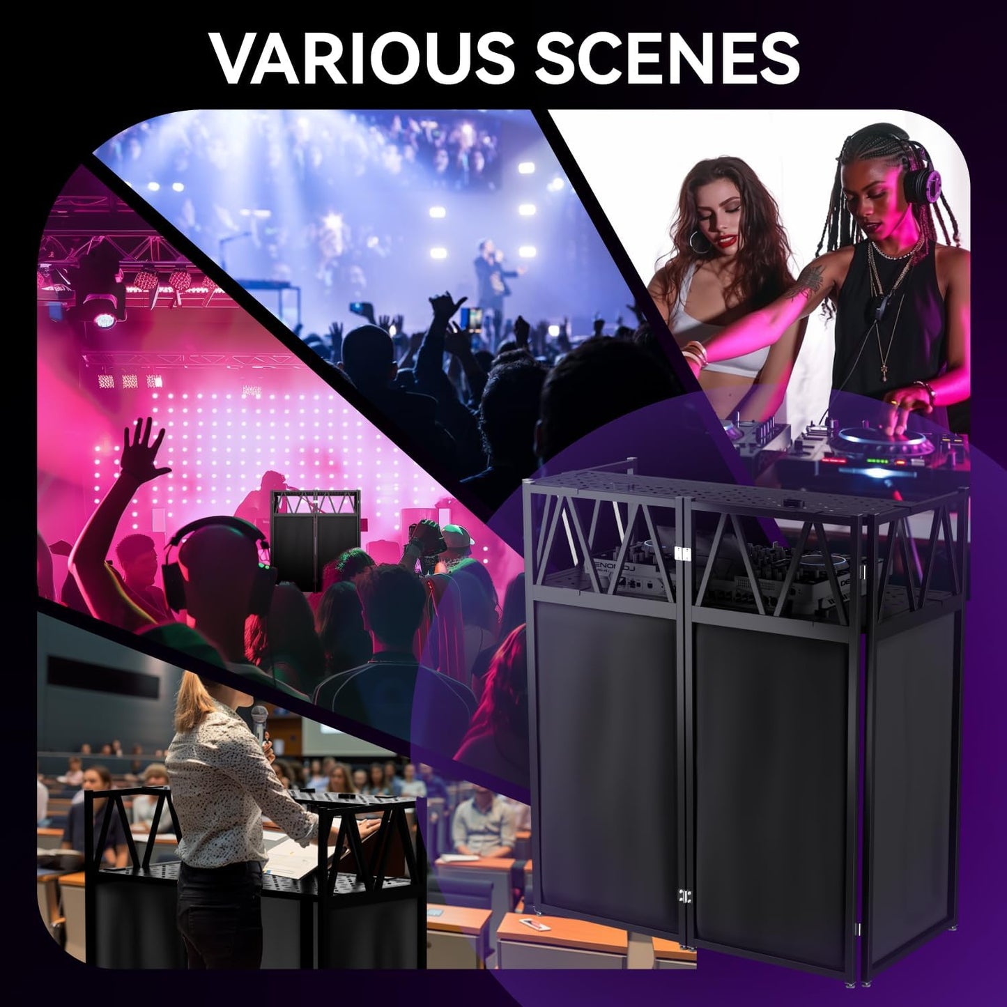 DJ Table Stand Portable booth Double Deck, Foldable DJ Stand Booth, Heavy-Duty Adjustable Height DJ Facade Booth, Easy to Assemble, Stylish, Convenient to Store and Transpor