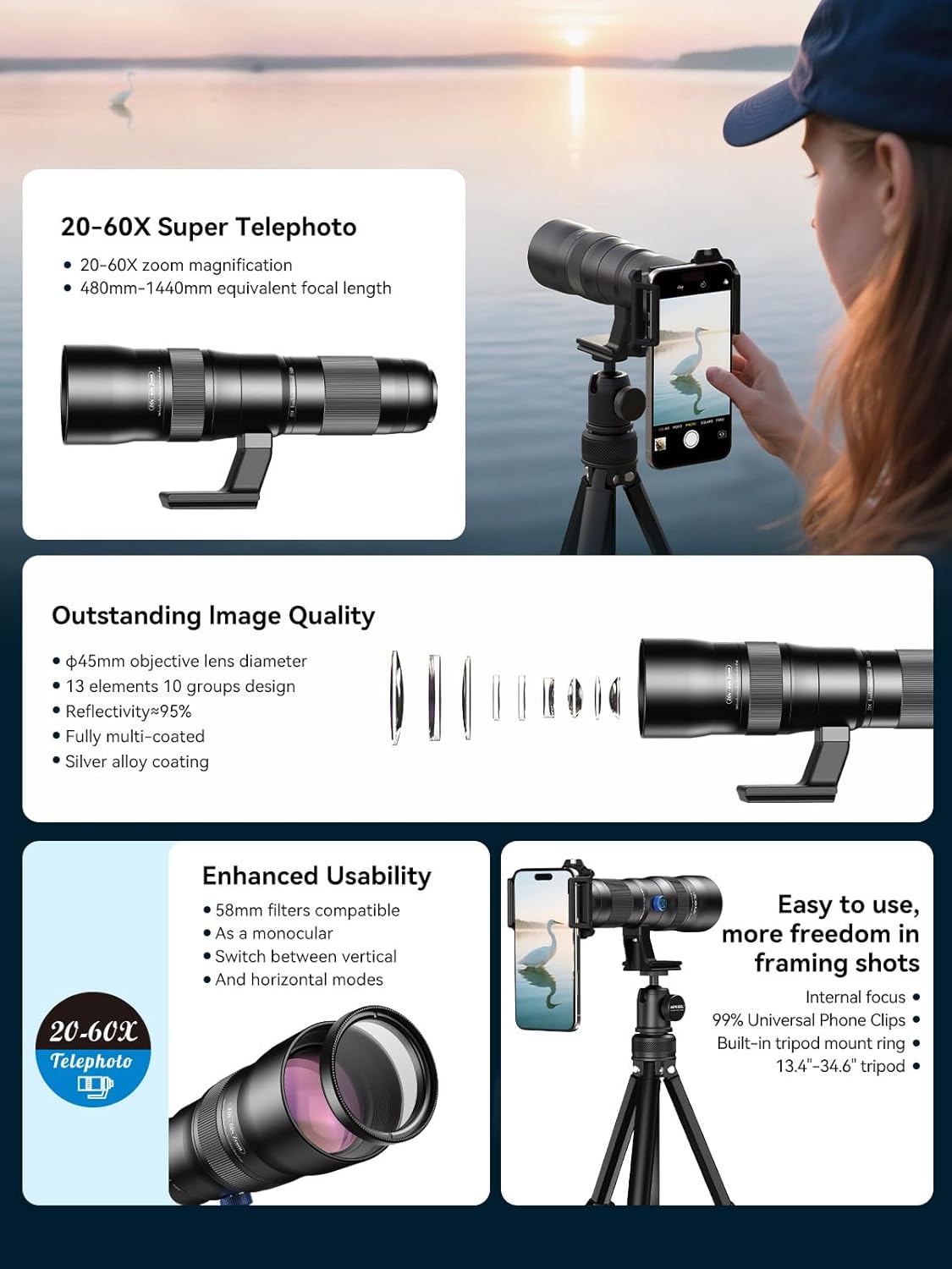 MIAO LAB 20-60X Zoom Telephoto Lens, High Power Telephoto Mobile Cell Phone Lens with Tripod & Universal Phone Clip, for iPhone 16/15/14/13 Series, Samsung, Android Phone and Most Smartphone