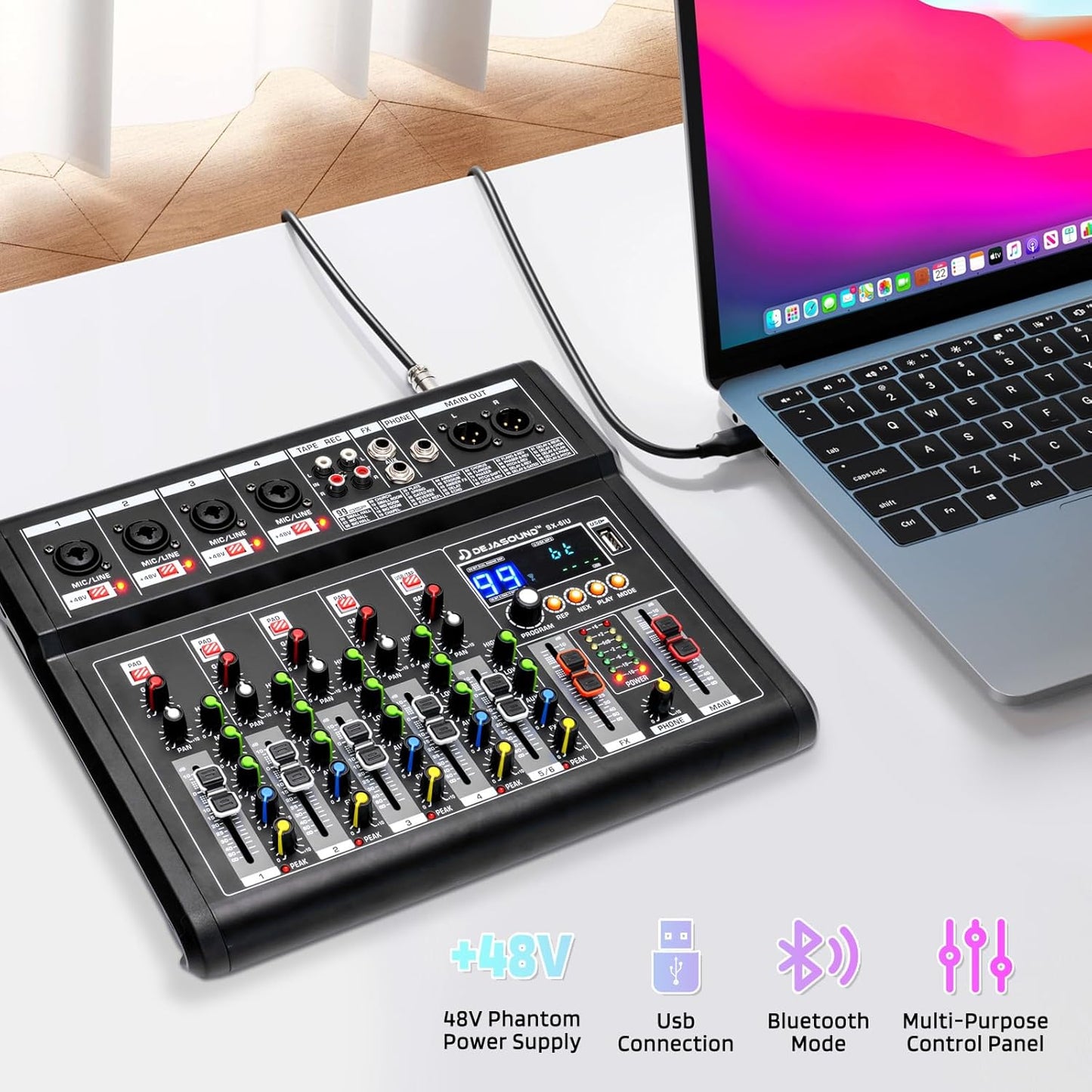 4-Channel Audio Mixer for PC, SX-4iu Mixing Console with XLR Inputs, Bluetooth, 99 Digital Signal Processor Effects, USB Interface, MP3 Compatible for Podcast, Music, Recording 9.84"x2.17"x9.84"inches