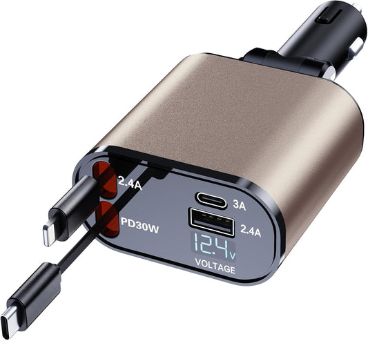 Retractable Car Phone Charger, 4 in 1 Fast Charge Car Phone Charger with 2 Retractable Cables(2.6ft) and 2 USB Ports, Compatible with iPhone15/14/15 Pro Max,Samsung (Gold)