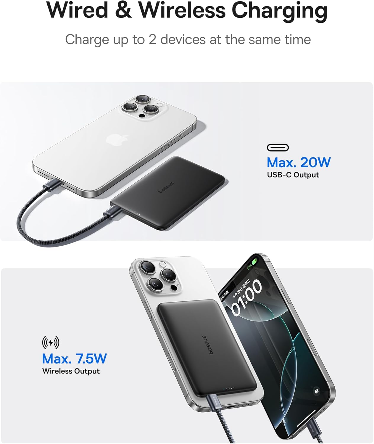 Baseus Picogo Power Bank, 0.3" Ultra Slim 5000mAh MagSafe Portable Charger with USB-C Braided Cable, Card-Size Magnetic Battery Pack, Alloy Wireless Fast Charger for iPhone 16/15/14/13/12, Lightweight