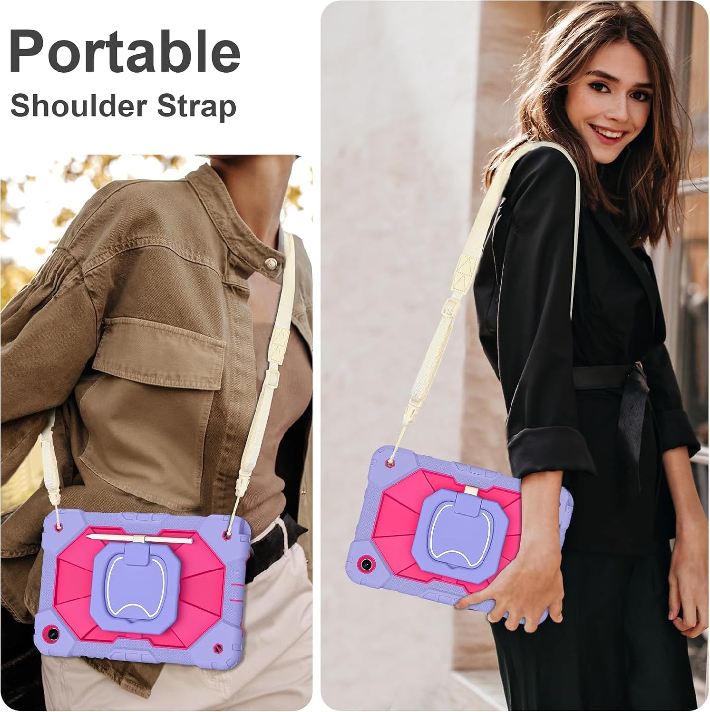 for Galaxy Tab A9 Plus Case 11 Inch, Rugged Case for Samsung Galaxy A9+ Tablet with Screen Protector 360 Rotating Stand Shoulder Strap Pen Holder, 2023 Model(SM-X210/X216/218), Purple Pink