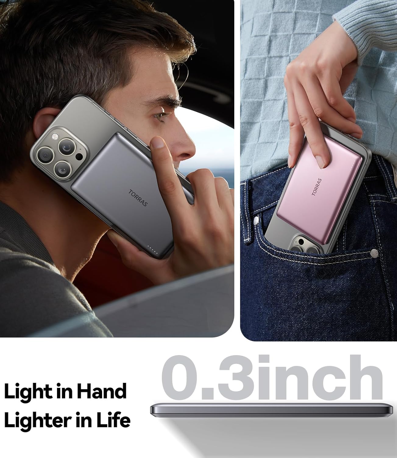 TORRAS MiniMag Power Bank, Ultra Slim 5,000mAh Wireless Portable Charger with USB-C Cable, Fast Charging Magnetic Battery Pack, Magsafe-Compatible for iPhone 16/15/14/13/12, Glacier Gray