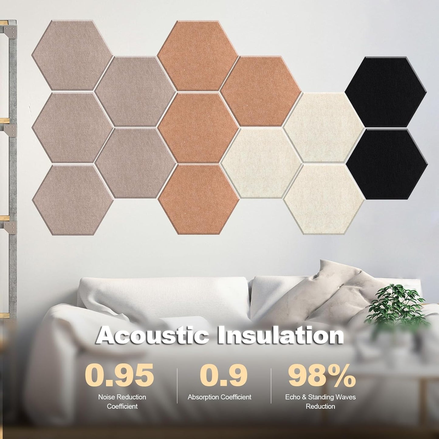 Mollywell Hexagon Acoustic Panels, High Density, Soundproofing, Decorative Noise Reduction Felt Wall Tiles for Studio, Home, Office (Deep Camel, Deep Brown, Black, Light Camel), 14x12x0.4 Inch