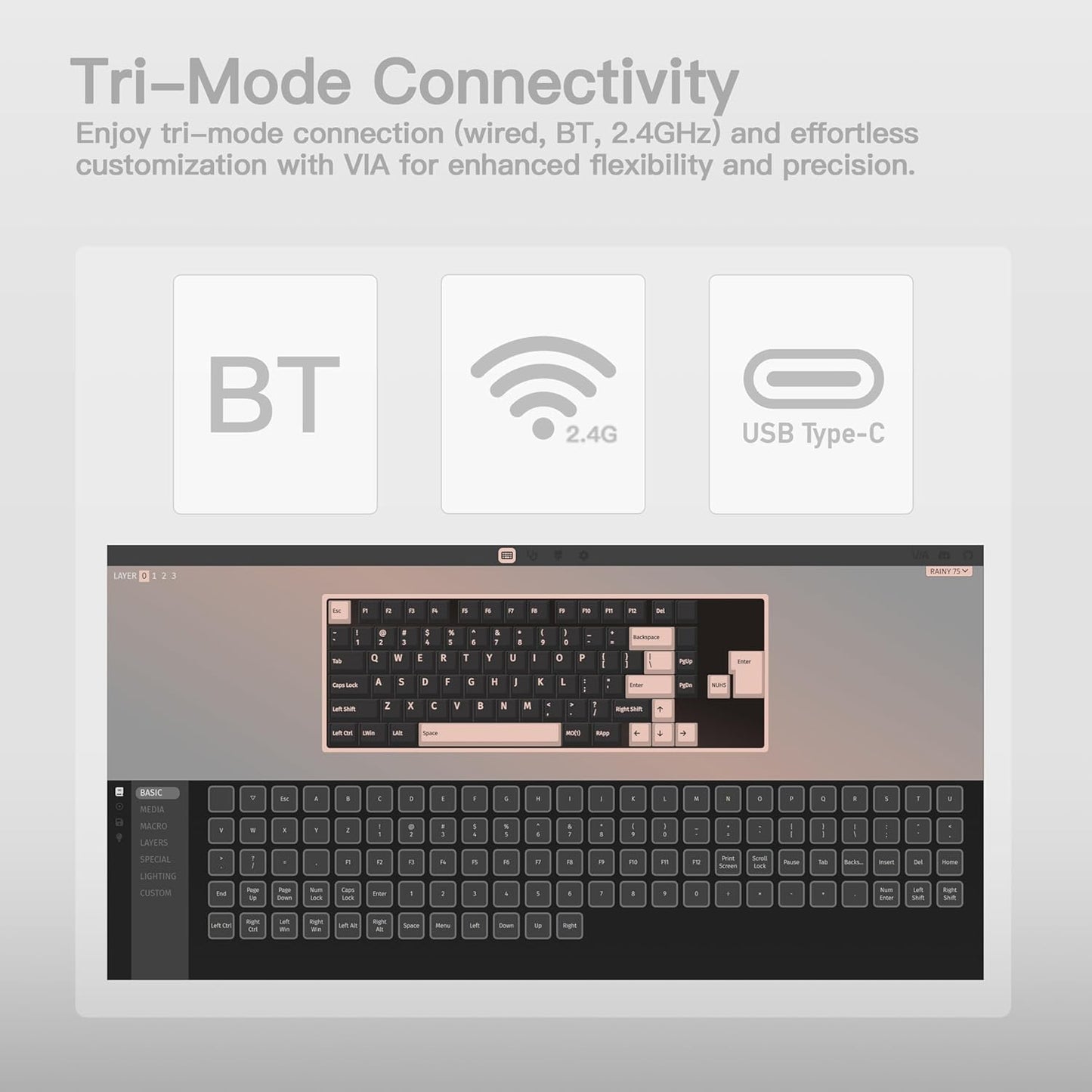 KEEBMONKEY WOBKEY Rainy 75 CNC Aluminum HMX/JWK/Cocoa Switches Triple-Mode Connectivity Mechanical Keyboard with Superior Acoustics, RGB/FR4/Silver SUS304/7000mAh/Cocoa Switch (Pro - Silver)