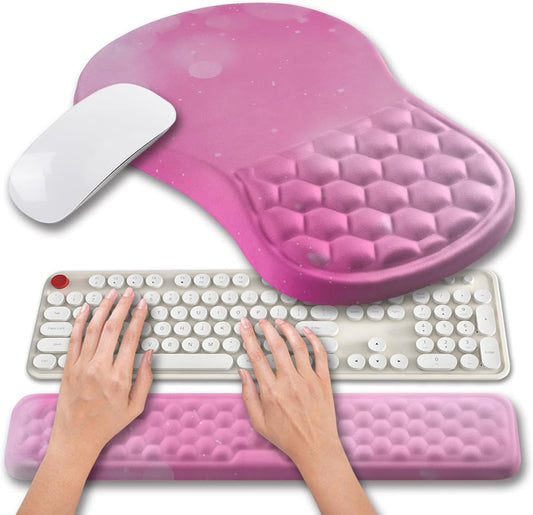 Hokafenle 2 in 1 Ergonomic Mouse Pad Wrist Support & Wrist Rest for Computer Keyboard Set, with Relieve Carpal Tunnel Pain Massage Bulge and Full Memory Gel Design (2In1 Set, Sweet Pink)