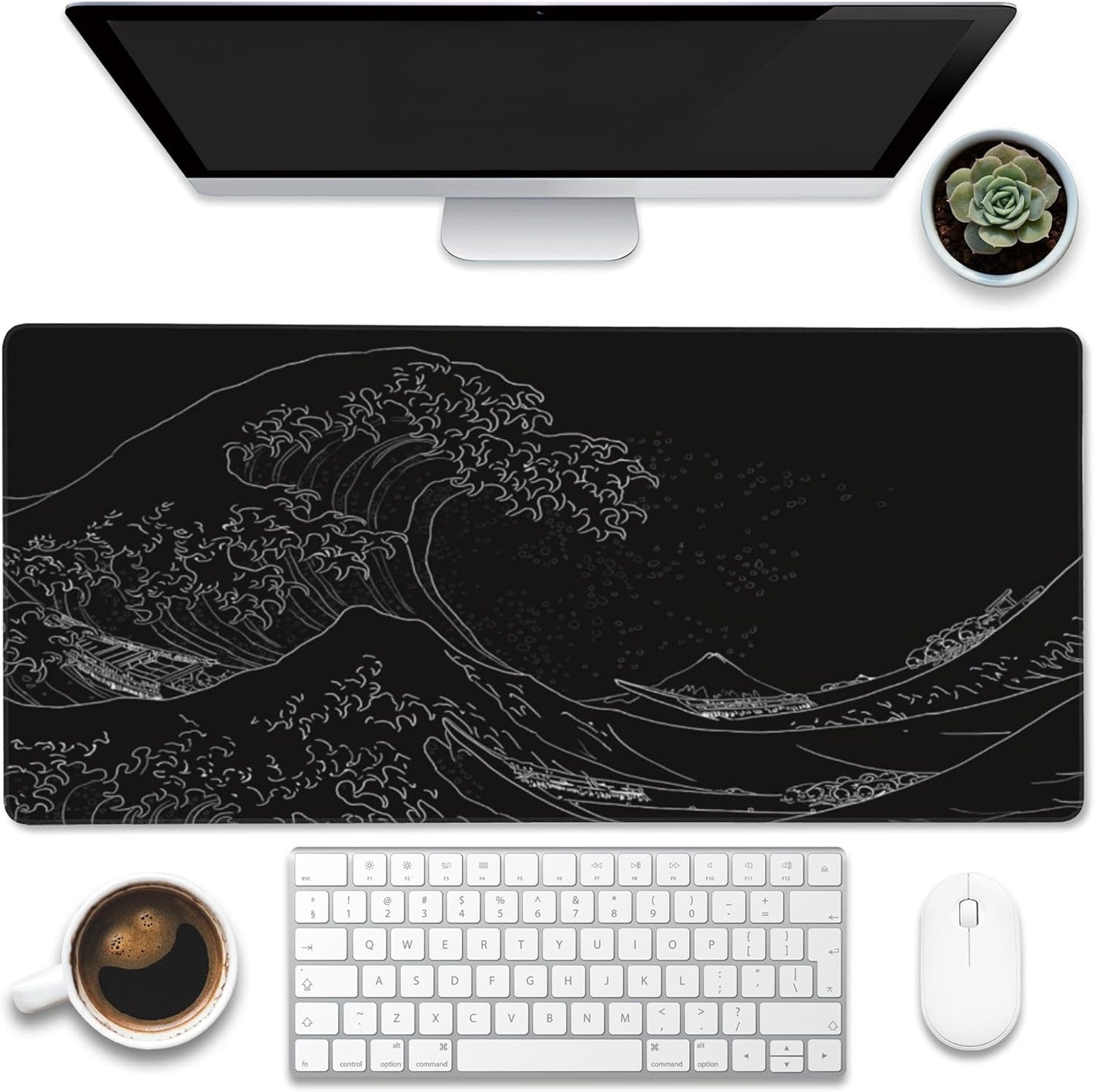 Desk Mat, Black Japanese Sea Wave Desk Pad, Extended Big Computer Keyboard Mouse Pad with Non-Slip Base and Stitched Edge, 35.4"x15.7"