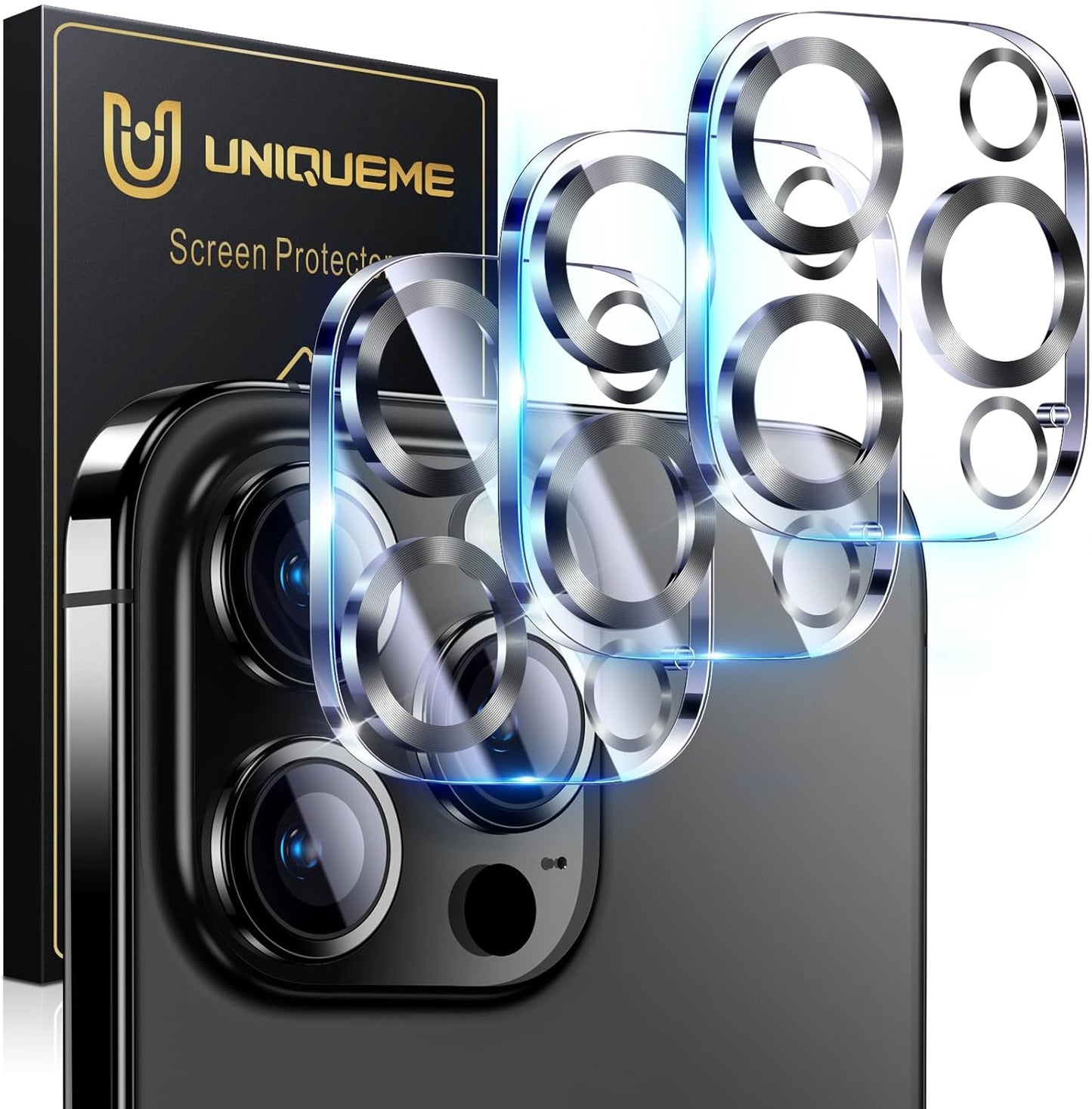 UniqueMe for 3 Pack iPhone 16 Pro/iPhone 16 Pro Max Camera Lens Protector - [Drop Protection] [Case Friendly] 9H Tempered Glass Camera Cover Screen [Update New Version] - Matte Black