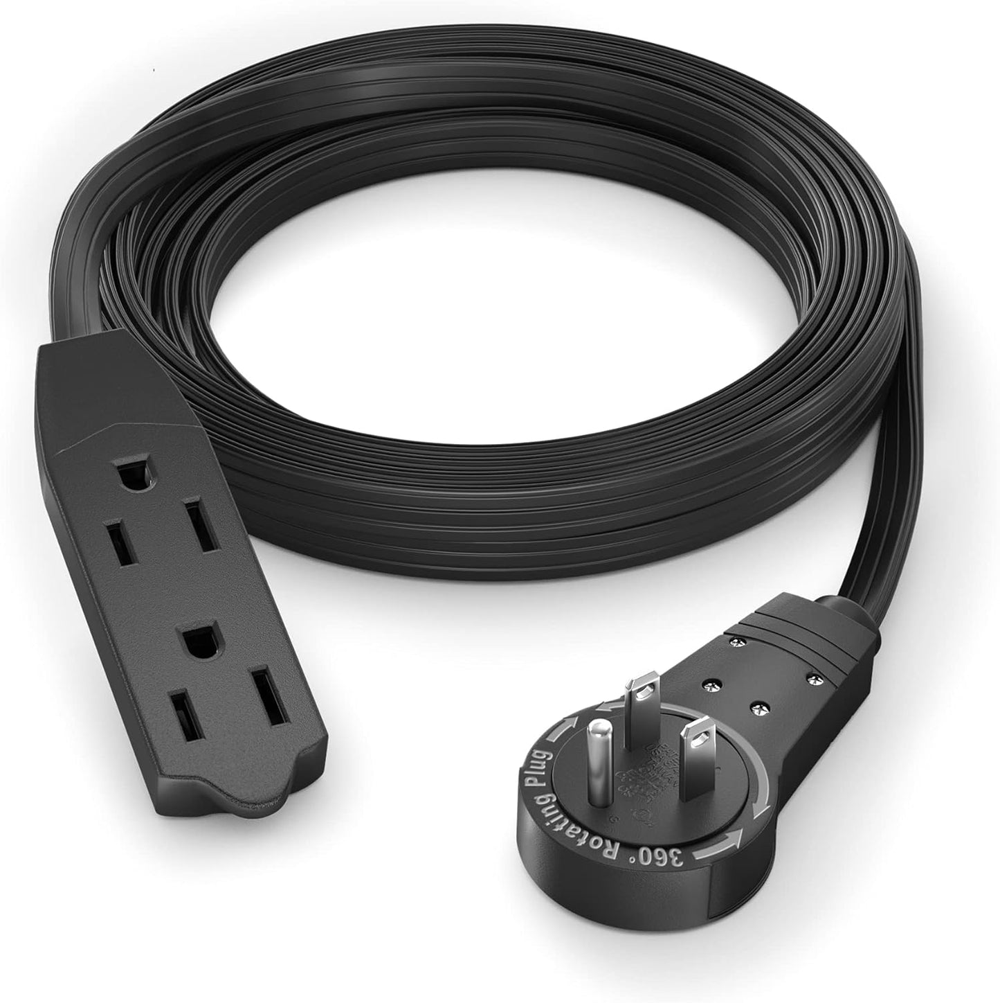 Maximm Cable 8 Ft 360° Rotating Flat Plug Extension Cord, 16/3 AWG Multi 3 Outlet 3-Prong Grounded Wire- Black - UL Certified