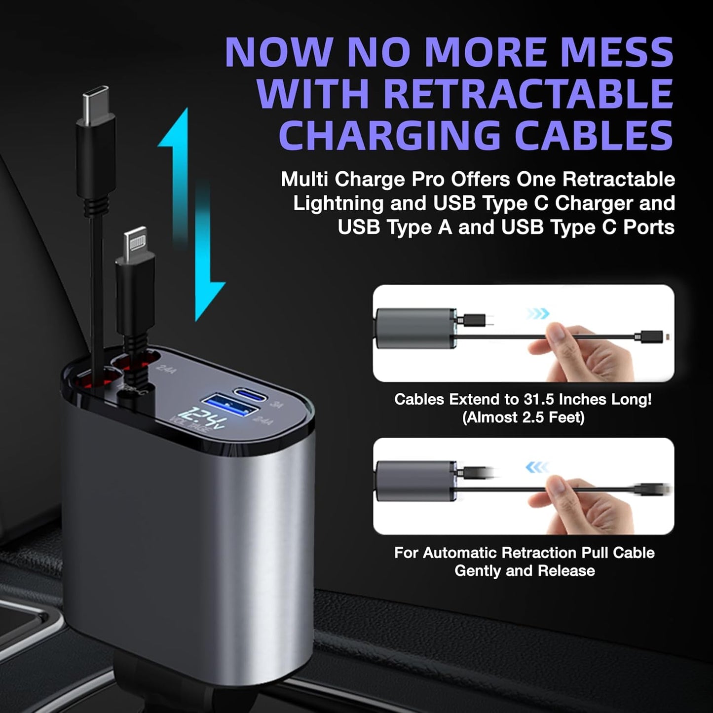 Multi Charge Pro iPhone Car Charger Fast Charging Retractable Car Charger USB C Auto Adapter, Powerful 120W 4-Port USB-C & USB-A and Lightning iPhone, Samsung, Tablets...