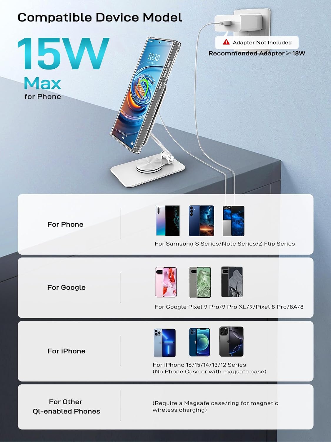 Compatible with MagSafe Charger, 15W MagSafe Charger Stand, 360°Rotation Base Adjustable Foldable Wireless Charger for Samsung Galaxy S25 Ultra/Z Fold7/Flip7/iPhone 16/Pixel 10 Pro/Pixel 10 Pro Fold