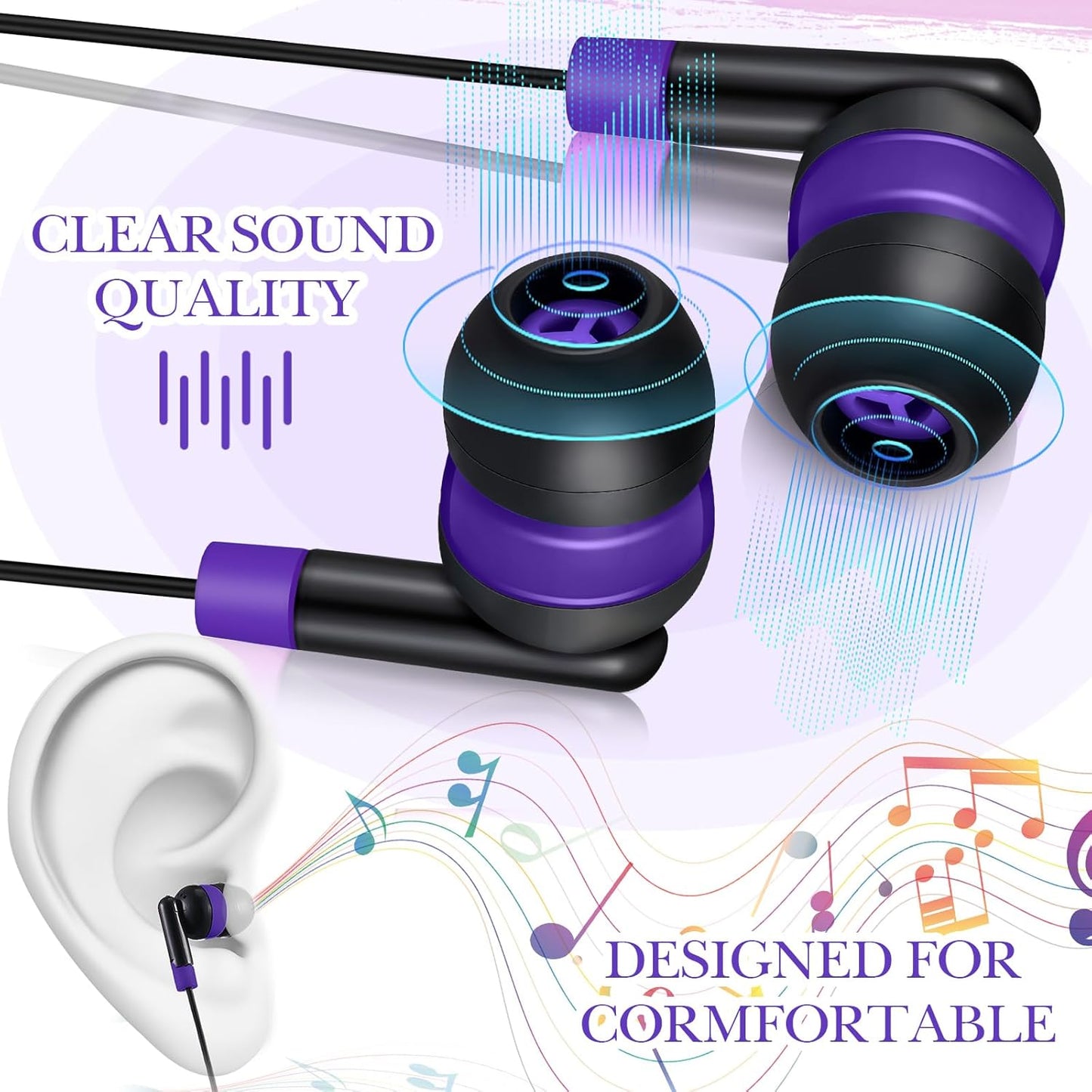 Kanayu 100 Pack Wired Earbuds Bulk for Classroom Ear Headphones Wired Basic Student Earbuds No Microphone with 3.5mm Jack for Kids Class Laptop School Library, Individually Bagged(Purple)