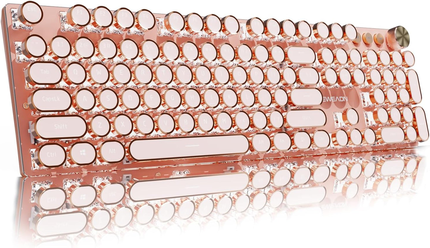 EWEADN V20 Typewriter Keyboard Wireless, 104 Keys Typewriter Style Mechanical with White Backlit, Media Knob, Pink Switch 2.4G/Bluetooth/USB-C Wired Retro Full Size Keyboard for Windows/Mac/PC-Pink