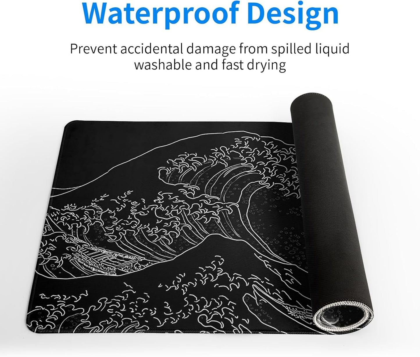 Japanese Gaming Mouse Pad Abstract Black Mouse Pad 31.5x11.8 Inch Black Sea Wave Texture Non-Slip Rubber Base Large Ocean Mousepad Stitched Edges Keyboard Mouse Mat Desk Pad for Office and Home