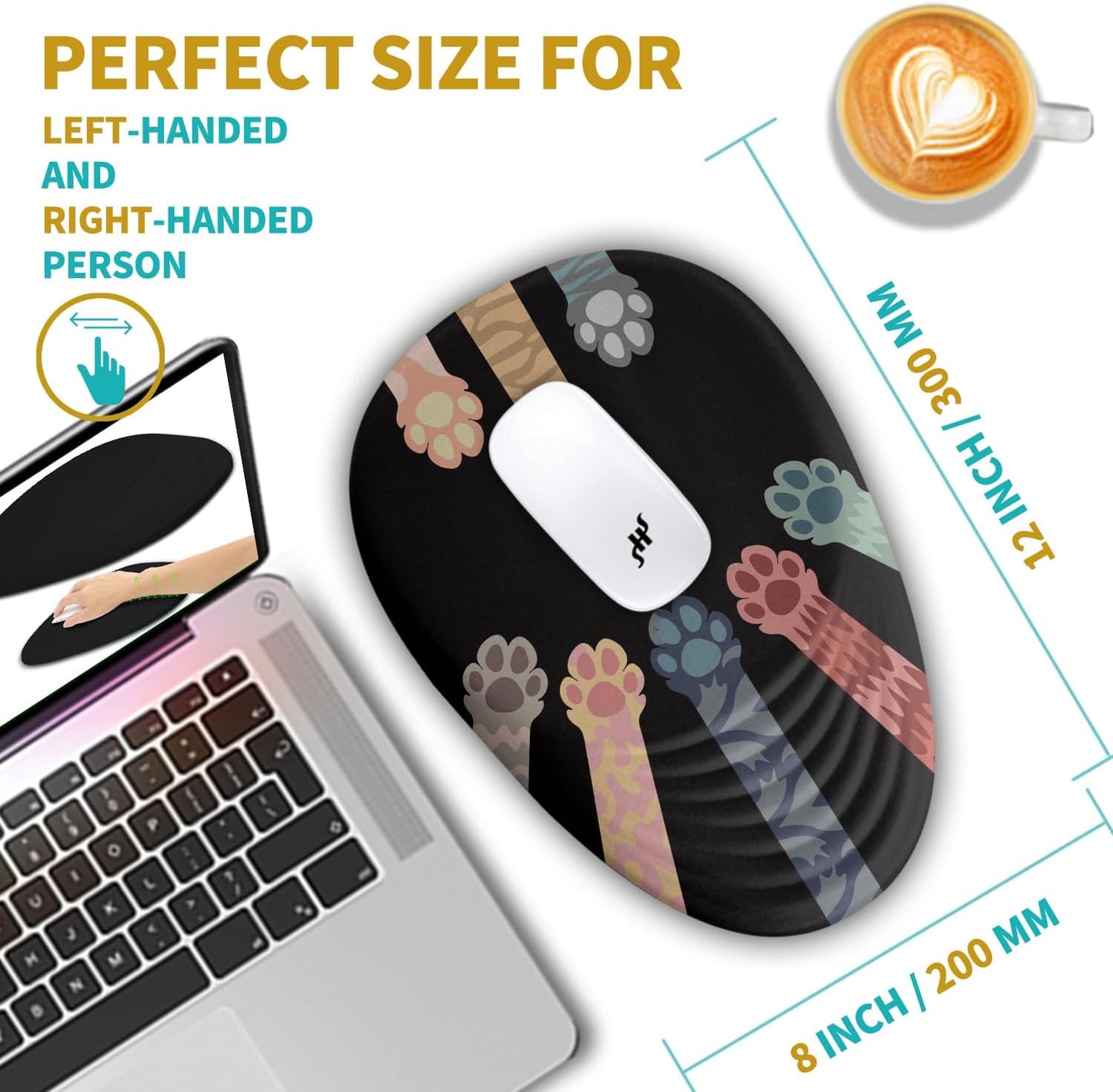 Hokafenle Ergonomic Mouse Pad Wrist Support with Stepped-Wedge Design, Wrist Rest Pain Relief Mousepad Filled with Memory Foam, Carpal Tunnel Mousepad for Wireless Mouse(12x8 inch, Paw)