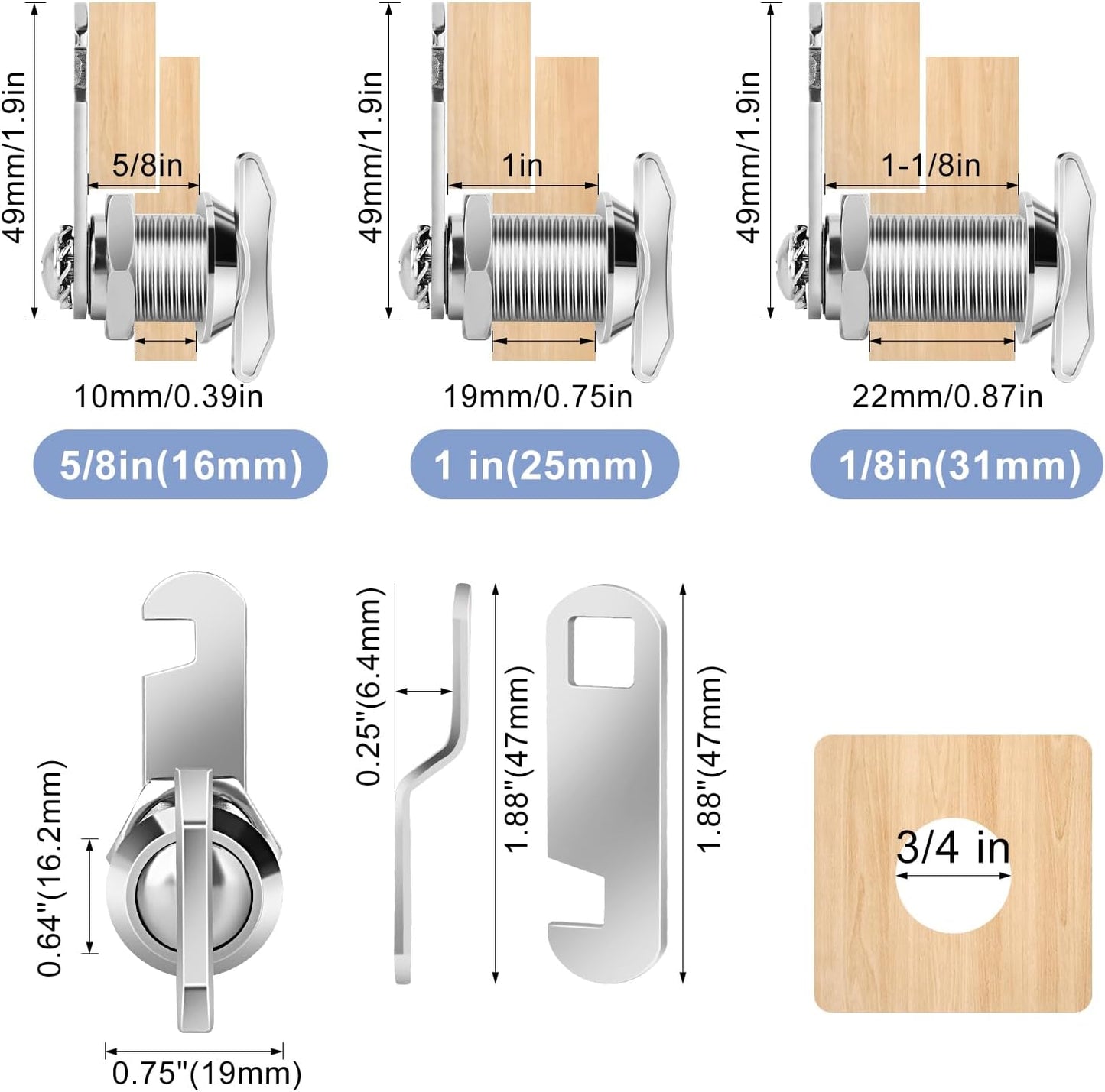Thumb Operated Offset Cam Lock, 1-1/8” Cylinder Fits on 7/8” Max Door Thickness, Non-Locking Replacement Lock for RV Compartment Camper Storage, Cabinets,Drawers (1-1/8 Inch 6Pack)