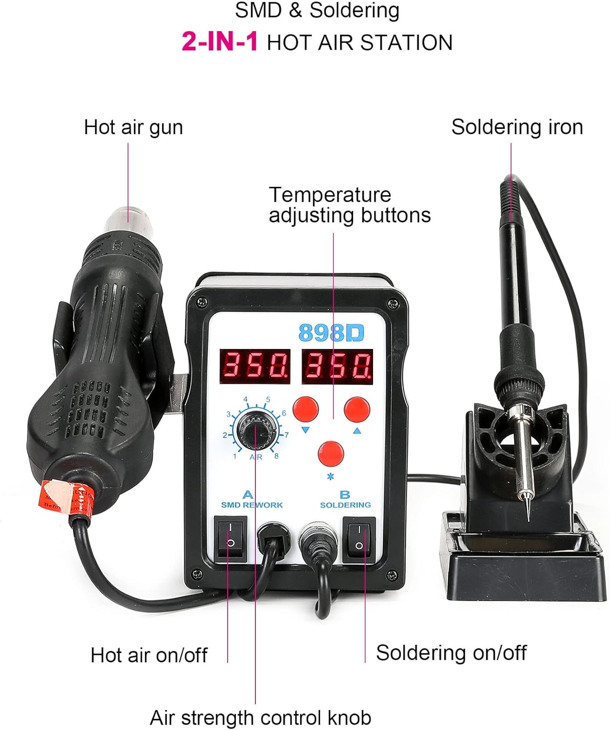 CREWORKS 2 in 1 SMD Soldering Iron & Hot Air Rework Station with LED Display, 898D Soldering Kit with Heat Gun, Digital Electronic Repair Tool with 11pcs Soldering Tips