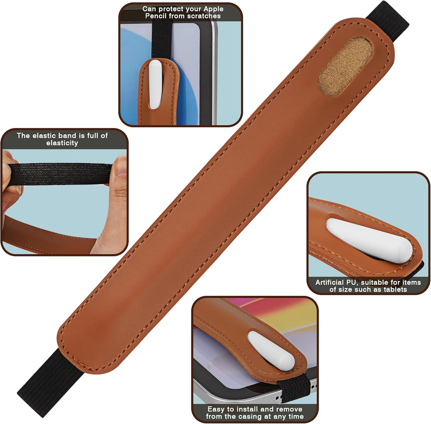 Vegan Leather Elastic Band Stylus Holder, Capacitive Pen Case for Tablets - Fits Most Capacitive Pens & Pencils(Brown)