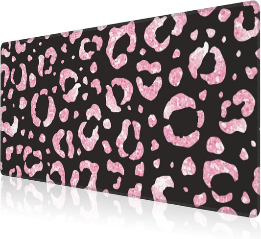 Mouse Pad, Large Rose Pink Leopard Printings Desk Mat, Extended Non-Slip Gaming Keyboard Mousepad Desk Pad, Thick Stitched Edges Waterproof Mouse Mat 31.5"x15.7" (Glittery Leopard Prints)