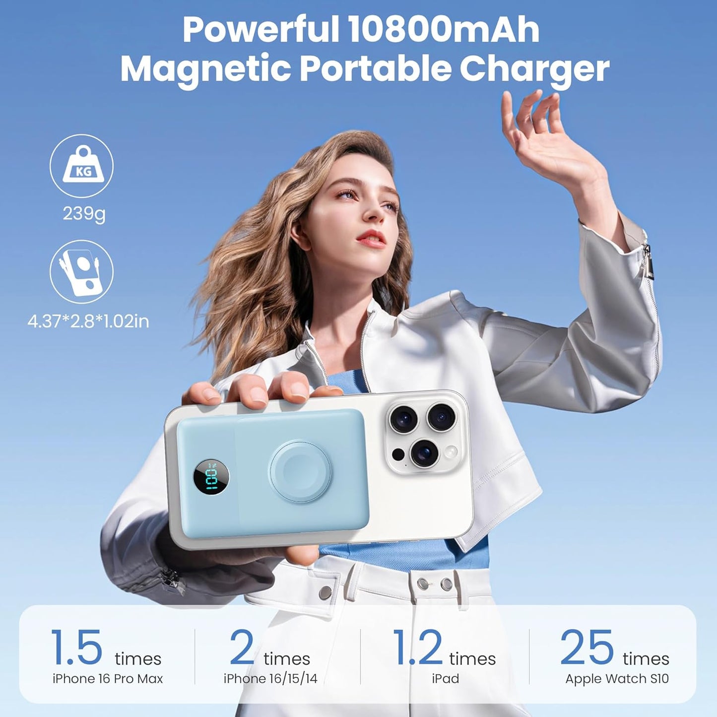 Magnetic Portable Charger 10800mAh for iPhone with Built-in Cables, 6-in-1 Wireless Power Bank with iWatch Charger, 25W PD Fast Charging USB C Battery Pack for iPhone 16/15/14/13,Apple Watch(Sky Blue)